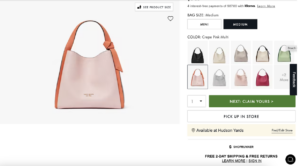 Kate Spade online store page showing options for online buying and in store pickup.